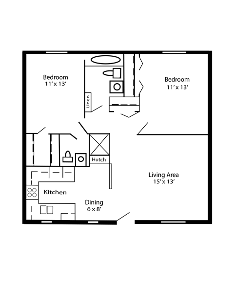 Floor plan for 2 beds, 2 baths, 842 sqft
